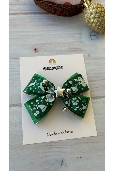 MeloKids New Year Themed Special Design Ribbon Hair Clip - Green, Silver Star