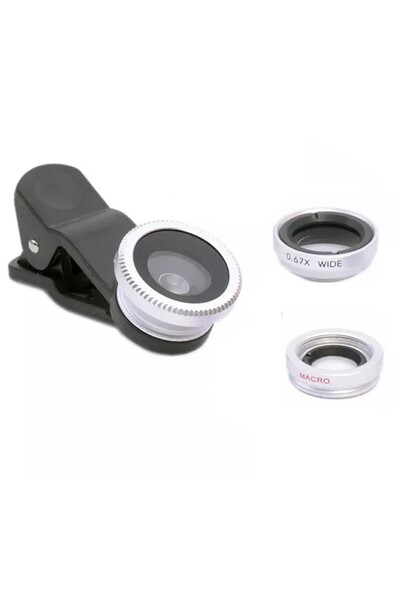 zola 3 in 1 lens set for phone/tablet: Fisheye, Macro, Wide Angle, with caps and case, silver