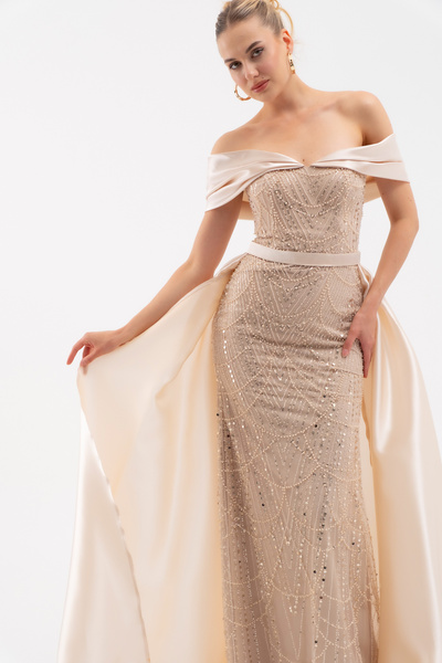 Lafaba Women's Beige Boat Neck Long Evening Dress with Tail