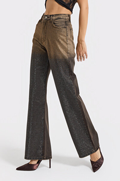 its basic Women's Dark Stone Color T-21W5-50 Straight Fit Double Color Shiny Stone Detailed Special Design Denim Jean