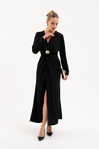 Lafaba Women's Black Long Sleeve Dress with Oyster Accessories