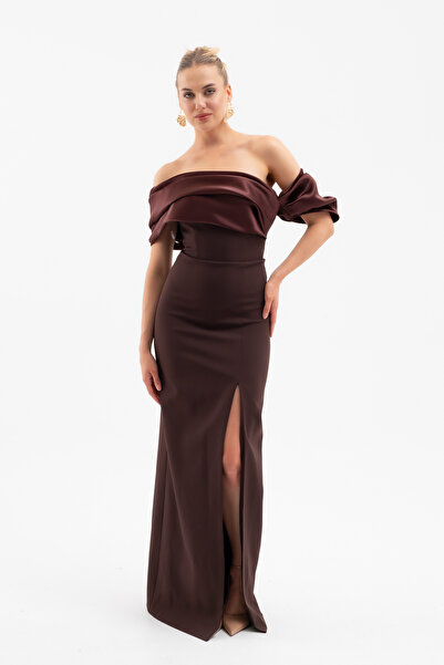 Lafaba Women's Brown Collar Detailed Slit Long Evening Dress