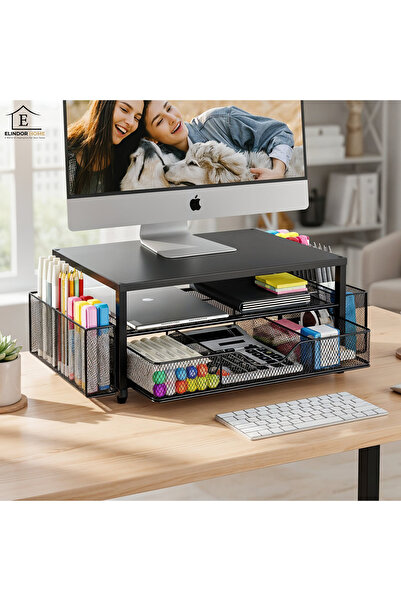Elindor Suport de birou pentru monitor sau laptop, organizator universal, 40 x 24 x 16 cm, negru