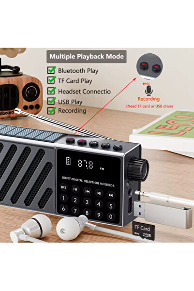 OEM JOC-6138REC-S portable radio with solar charging, Bluetooth, USB, TF card and digital display, gray