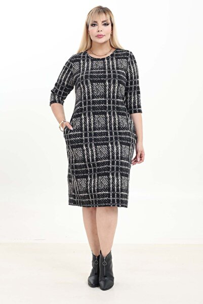 modayız Double Pocket Patterned Stretchy Winter Plus Size Midi Dress 17D-2746