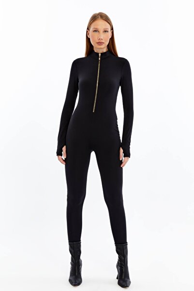 Maison La Femme Black Gold Zippered Bodycon Jumpsuit