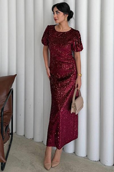 VAGGON Balloon Sleeve Stone Embroidered Drawstring Midi Dress