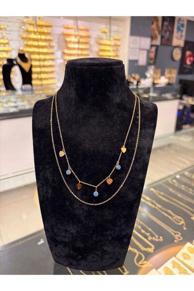 imitasyon dünyası 2 li Nazar Boncuklu Cam Göz Çelik Kolye Modern Stil