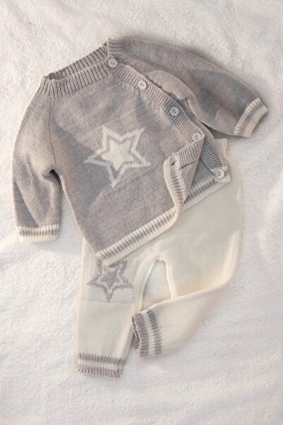 Bursa Trikomer Star Knit Patterned Stylish Side Buttoned High Neck Knitwear Soft Textured Baby Set
