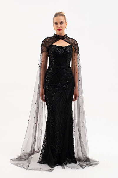 Lafaba Women's Black Shawl Detail Beaded Long Evening Dress