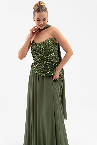 Lafaba Women's Khaki Strapless Sequin Pleated Long Evening Dress