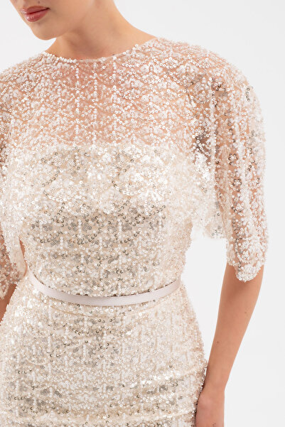 Lafaba Women's Beige Bolero Detail Beaded Midi Promise Engagement Evening Dress