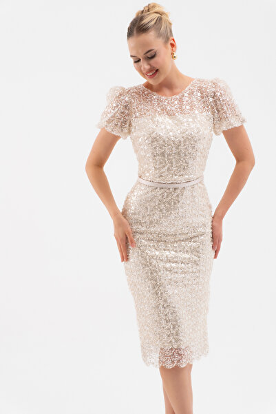 Lafaba Women's Cream Beaded Midi Evening Dress