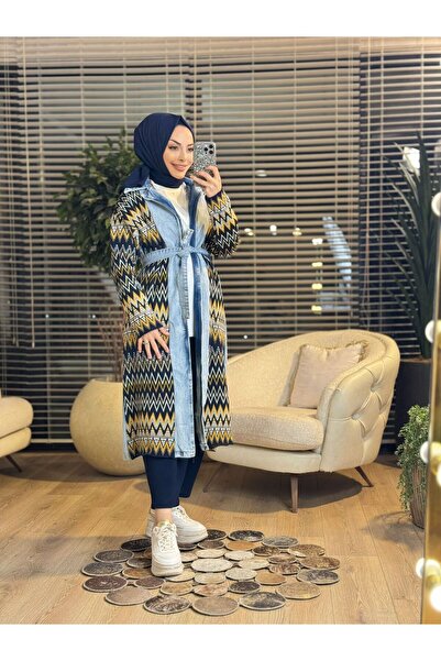 ALANURMODA 25560 كارديجان تريكو طويل ملون من الدنيم