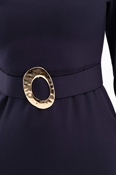 Lafaba Women's Navy Blue Belt Detail Midi Party Dress