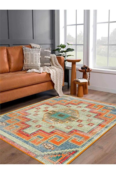 Serteks Modern Geometrik Desenli Turuncu Yıkanabilir Salon - Oturma Odası Hal...