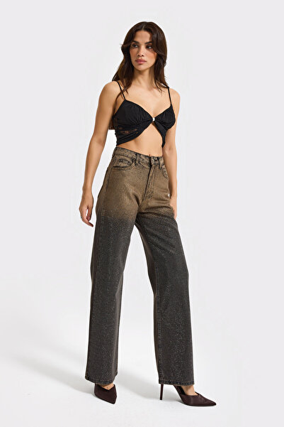 its basic Women's Dark Stone Color T-21W5-50 Straight Fit Double Color Shiny Stone Detailed Special Design Denim Jean