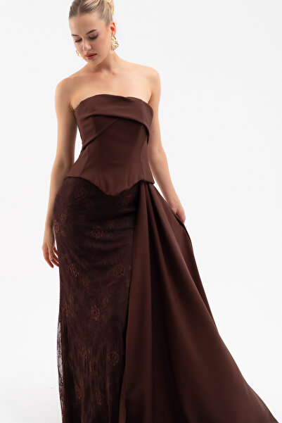 Lafaba Women's Brown Strapless Neckline Lace Detail Long Evening Dress