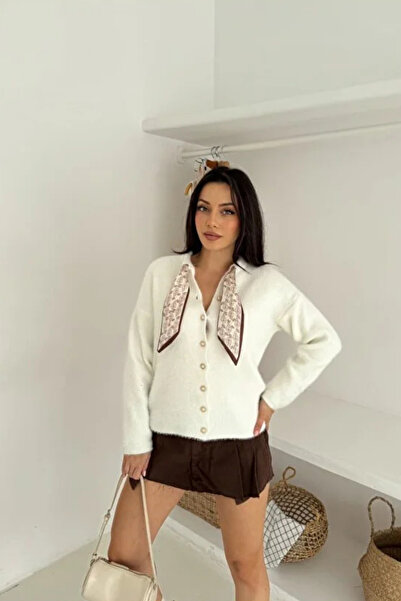 moda poni Ecru Knit Cardigan with Scarf Detail