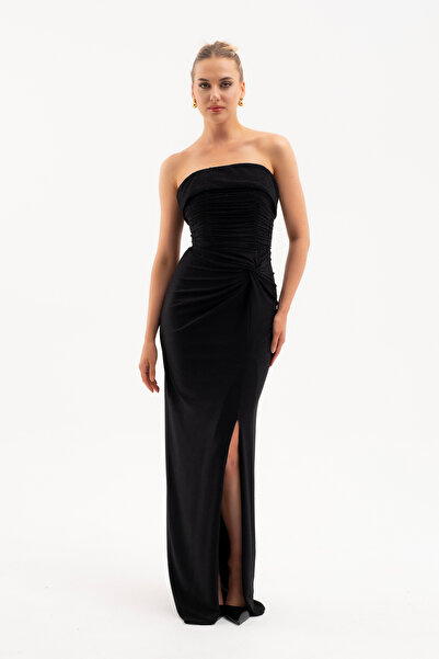 Lafaba Women's Black Strapless Neckline Knot Detail Long Evening Dress