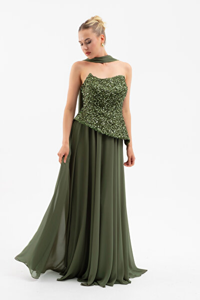 Lafaba Women's Khaki Strapless Sequin Pleated Long Evening Dress