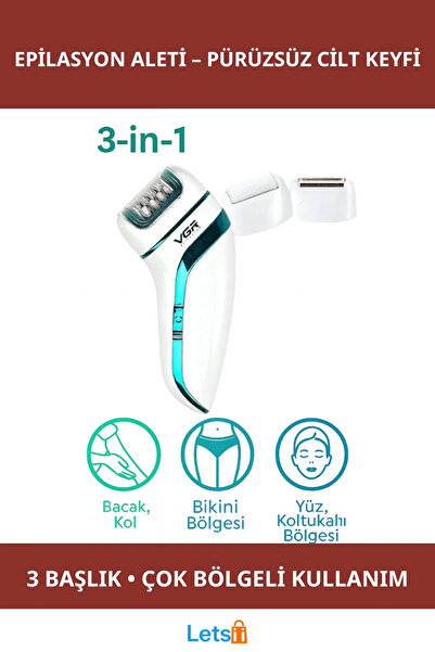 Letsii Profesyonel 3 Başlıklı Epilasyon Aleti Yüz, Bacak ve Hassas Bölge Kull...