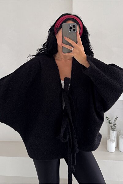FEMELLE Black Wrap Tie Oversized Cardigan Bat Sleeve Standard Size
