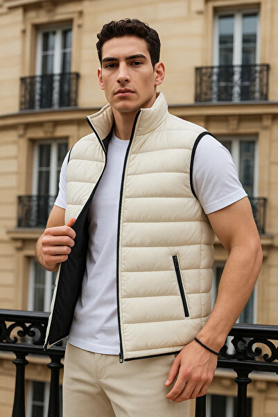 comstar Men's Winter Trendy Zippered Cream Puffer Vest with Pockets