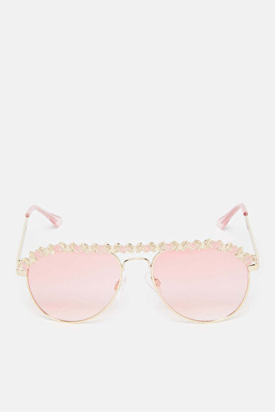 REDTAG Girls Gold And Pink Aviator Embellished Sunglasses