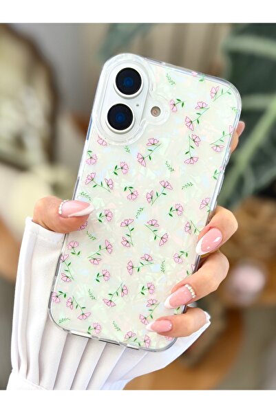 Go Aksesuar Iphone 16 Uyumlu 2in1 Çiçek Baskı Tasarımlı Parlak Silikon Kılıf