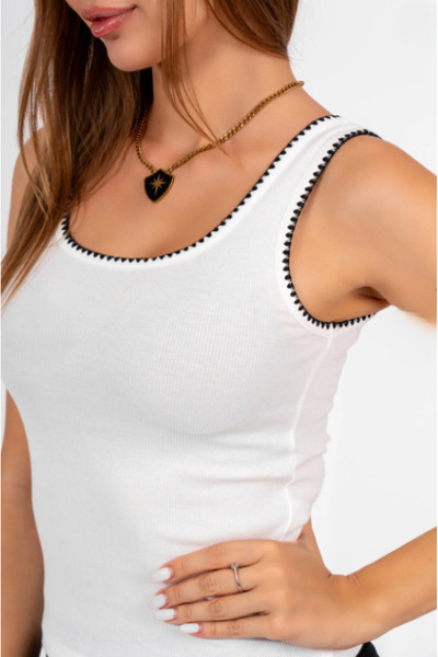 ALCİNOUS 2-Piece White/Green Embroidered Detail 100% Cotton Thick Strap Tank Top Bluz