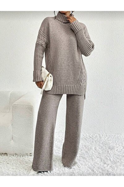 NEWCO Women's Corded Fabric Collar Hair Knit Patterned Side Slit Knitwear Set Anthracite