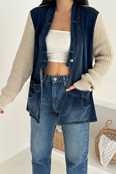 FEMELLE Beige Sleeves and Back Knitwear Jeans Denim Oversized Cardigan with Pockets Standard Size