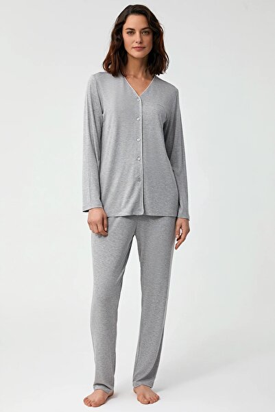 Catherine's Catherines Soft Textured Fabric V-Neck Front Button Long Sleeve Women's Pjamas Suit