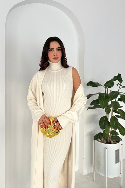 Noi Belis Maxi Boy Cardigan Turtleneck Dress Knitwear Set Aw25Hi0058