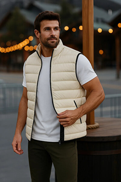 comstar Men's Lined Winter Pocketed Zippered Cream Puffer Vest