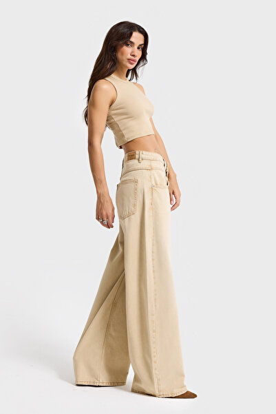 its basic Women's Beige Stone Color 4W5-142 Low Rise Palazzo Fit 100% Cotton Denim Jean