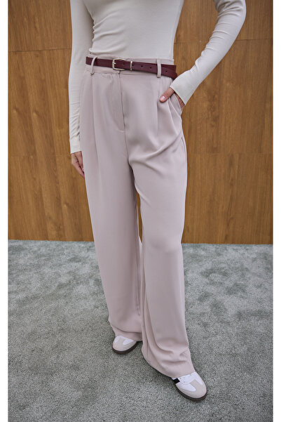 Birgül Bektaş Beige Pleated Palazzo Trousers
