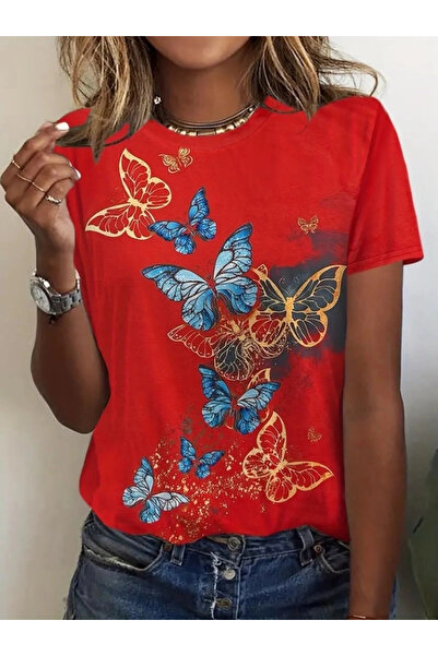 GENCULUS Γυναικεία κοντομάνικη μπλούζα με μπλε κίτρινη πεταλούδα με στάμπα μονόχρωμη μπλούζα