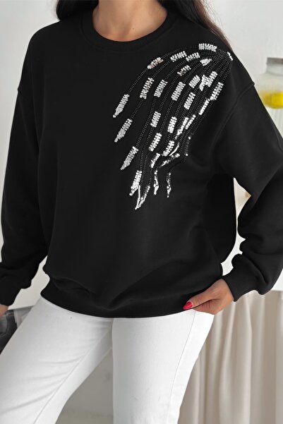 FEMELLE Black Omzu Sequin Embroidered 100% Cotton Sweatshirt
