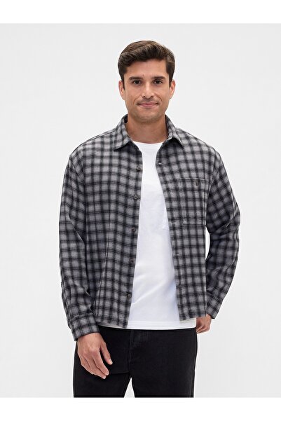 GAP Erkek Gri Boxy Fit Flannel Gömlek