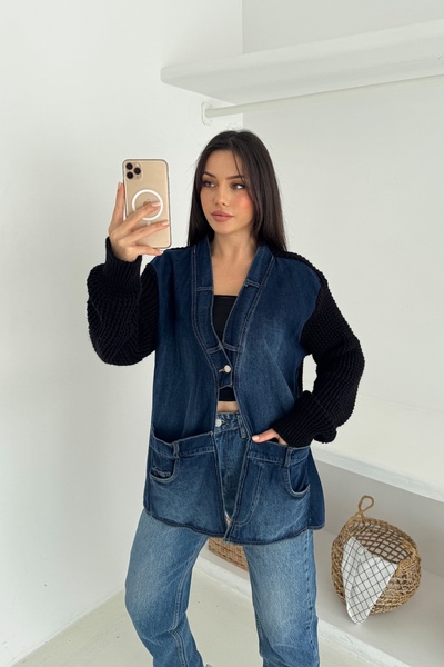 FEMELLE Black Sleeves and Knitwear on the Back Denim Oversized Cardigan with Pockets Standard Size