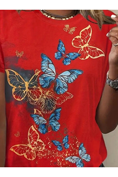 GENCULUS Γυναικεία κοντομάνικη μπλούζα με μπλε κίτρινη πεταλούδα με στάμπα μονόχρωμη μπλούζα