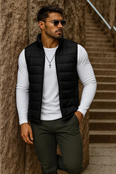 comstar Men's Winter Zippered Basic Black Puffer Vest with Pockets