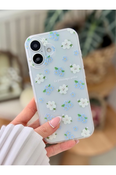 Go Aksesuar Iphone 16 Uyumlu MAT BASKI MAVİ BEYAZ ÇİÇEK Parmak İzi Bırakmaz Ş...