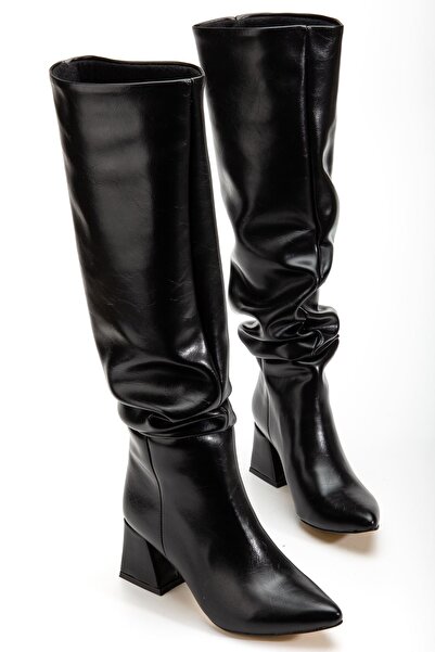 Budi Syt-2002 Black Wrinkled Patent Leather Bellows Thick Heeled Casual Boots