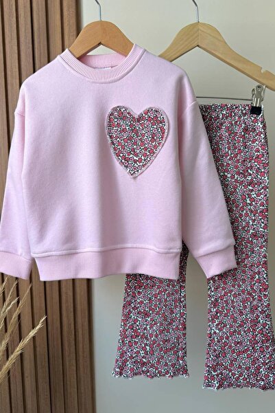 Monila Girl's Heart Applique Detailed 3 Thread Cotton Fabric Bottom Top Set