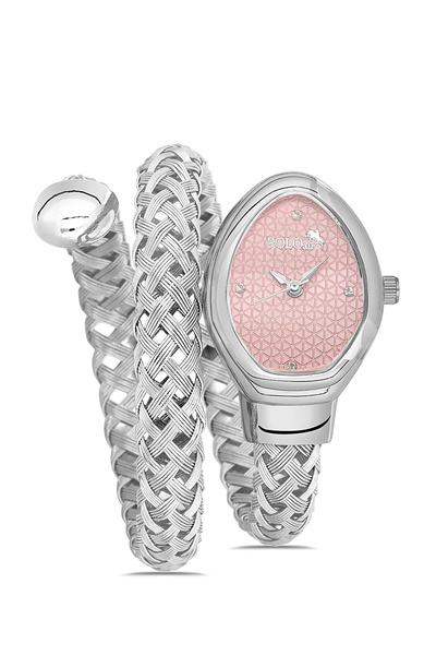 Polo Air ساعة يد نسائية بسلك شبكي على شكل ثعبان، لون فضي وردي، موديل PL-1590B4X