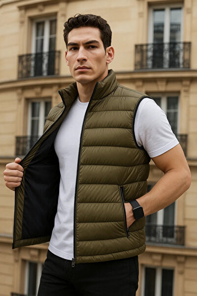 comstar Men's Winter Trendy Zippered Khaki Puffer Vest with Pockets