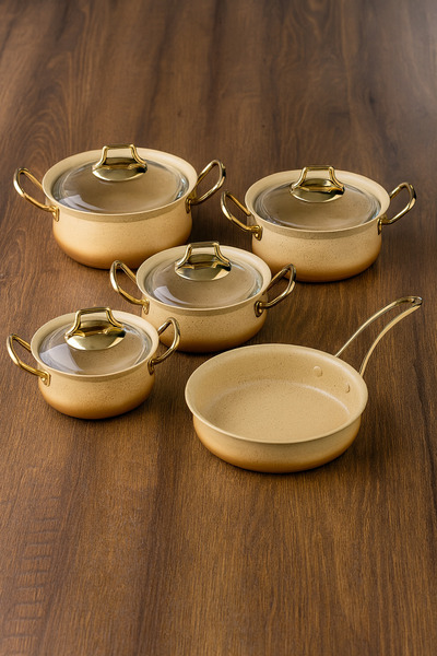 OMS 9 Pcs Ivory Color Premium Granite Induction Safe Cookware Set Made in Turkey | 3045